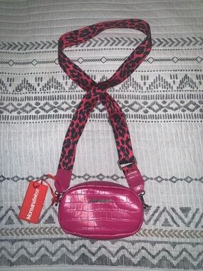 Montana West Fuchsia Croc-Embossed Crossbody with Leopard Webbed Strap